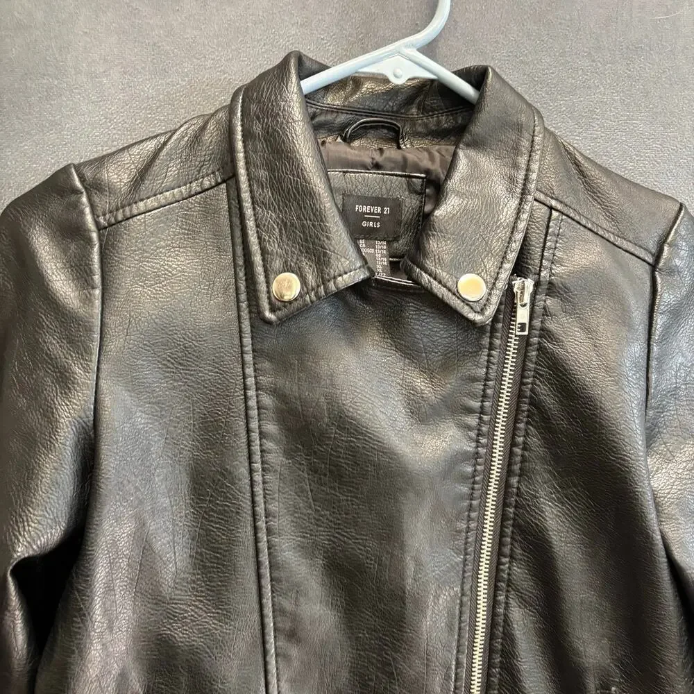Forever 21 Girls Black Moto Faux Leather Jacket Size 13/14 Biker Rockstar